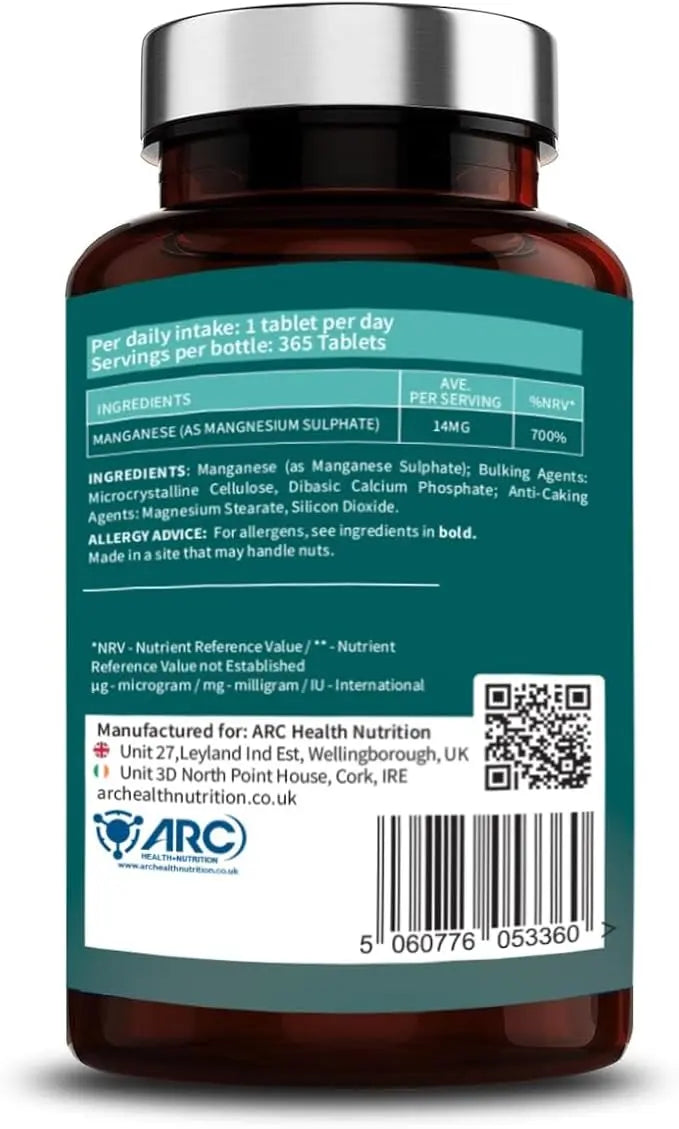 Chelated Manganese 14mg Supplement 400 Vegan Tablets ARC Health Nutrition