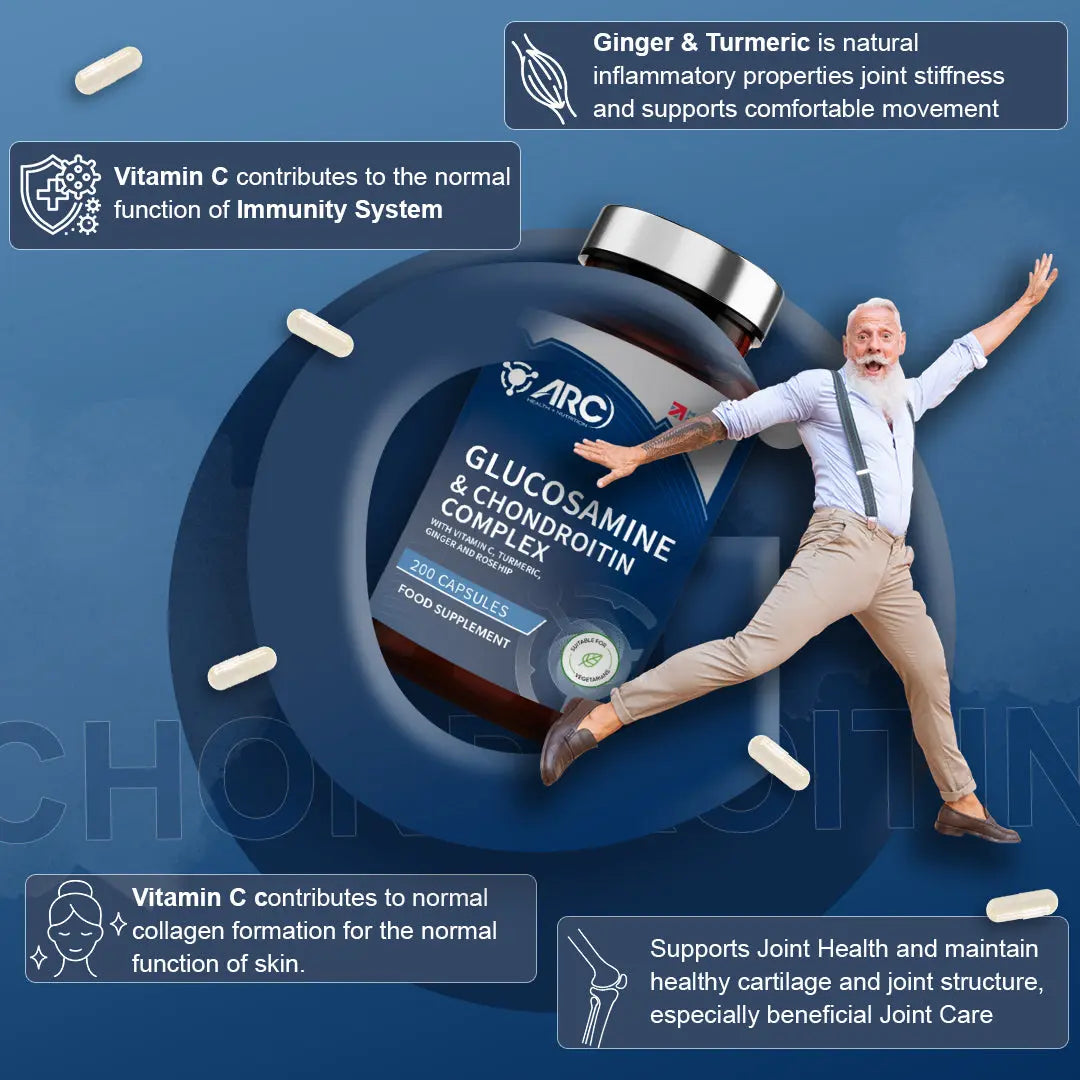Glucosamine & Chondroitin Complex 200 Capsules – Vitamin C, Turmeric, Ginger & Rosehip ARC Health Nutrition