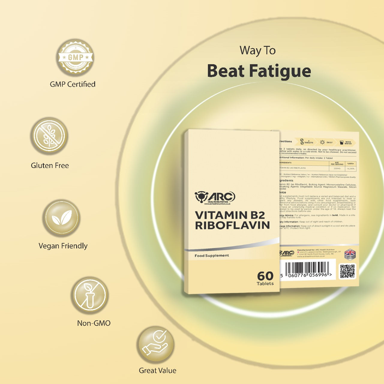 Vitamin B2 Riboflavin 400mg Supplement 60 Vegan Tablets