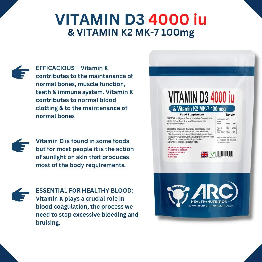 Vitamin D3 K2 + MK-7 Menaquinone 4000IU / 100mcg Tablets - Dynamic Duo Arc Health Nutrition