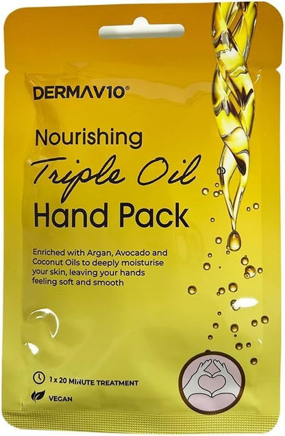 Derma V10 Hand Moisturising Triple Oil Hand Mask, 3 Pairs, Avocado, Argan & Coconut