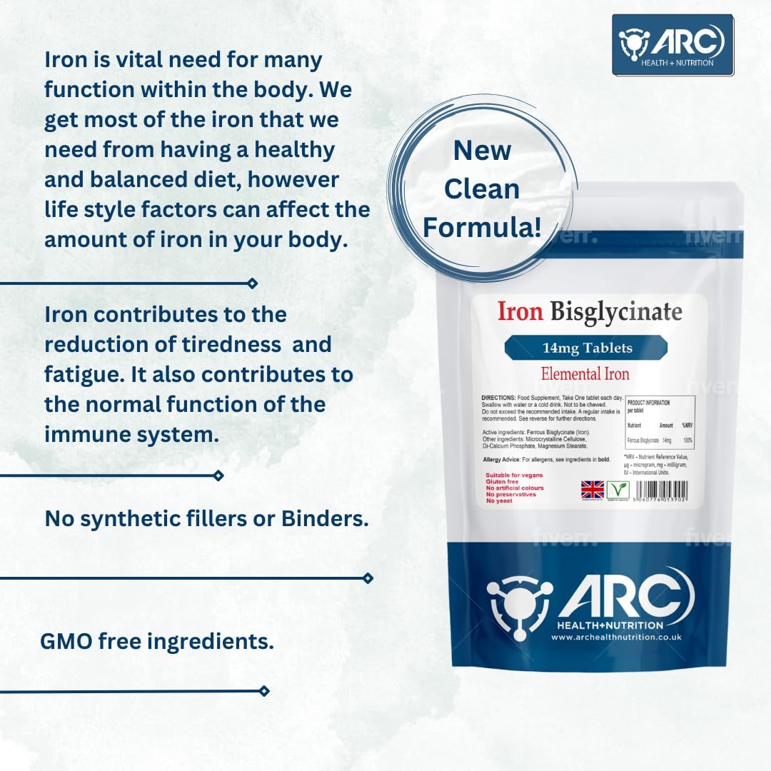 Elemental Iron Bisglycinate 14mg Supplement Vegan Tablets