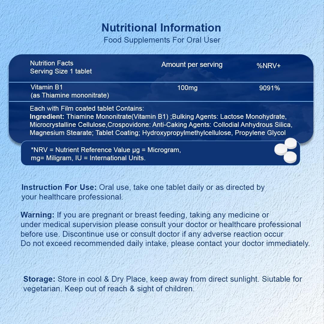 Thiamine 100mg Vitamin B1 - 100 Tablets