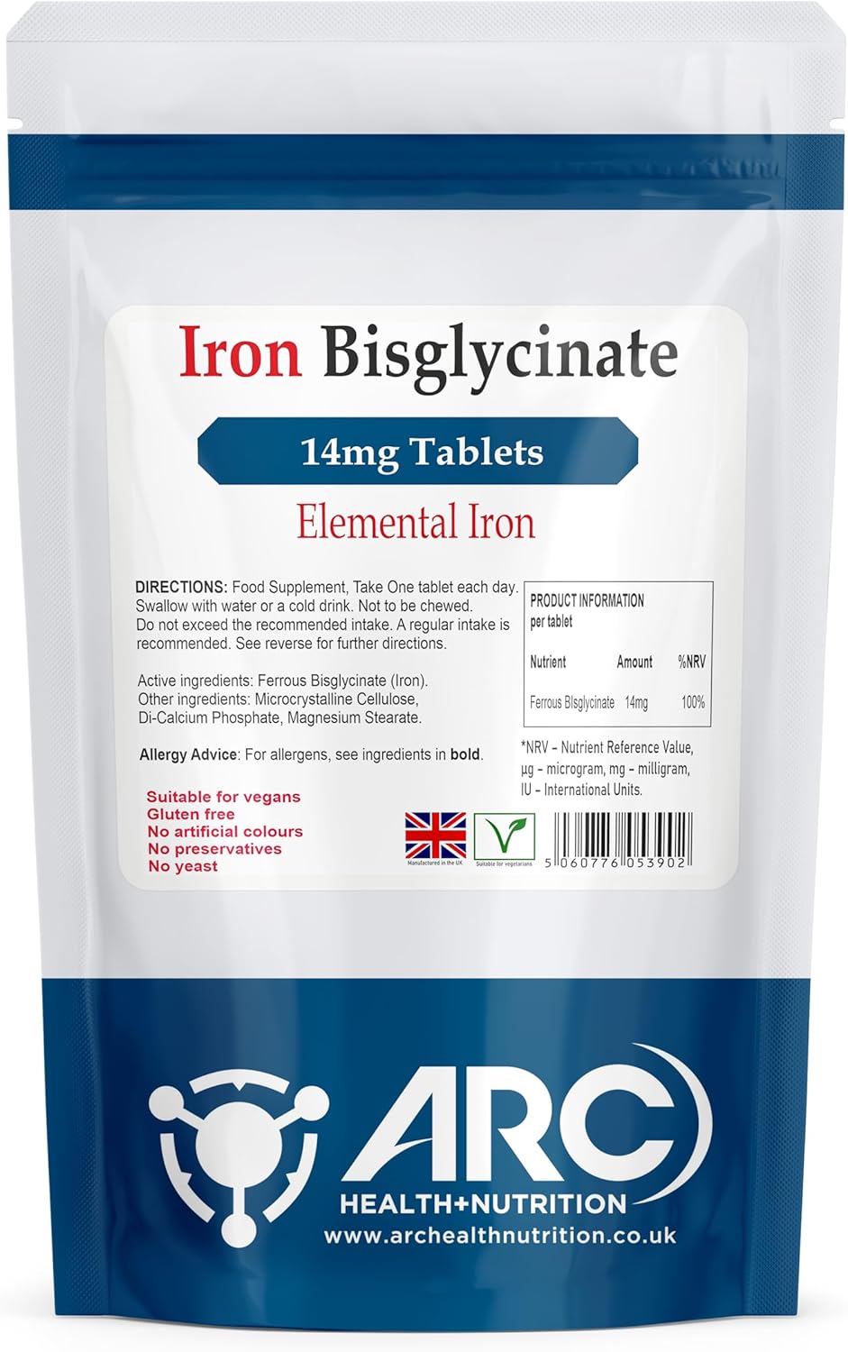 Elemental Iron Bisglycinate 14mg Supplement Vegan Tablets