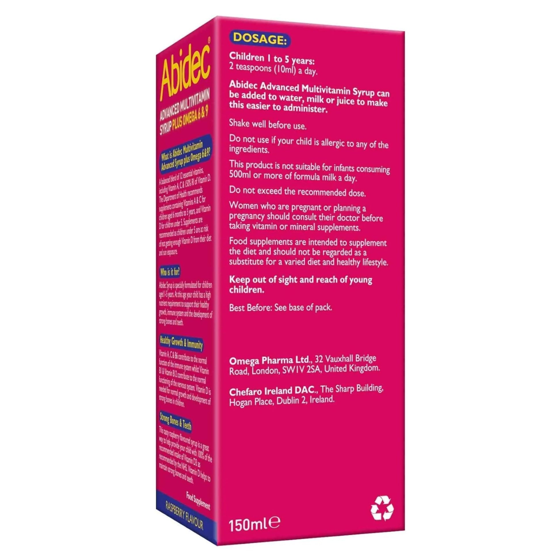 Abidec Advanced Multivitamin Syrup Plus Omega 6 & 9 Raspberry Flavour - 150ml ARC Health Nutrition