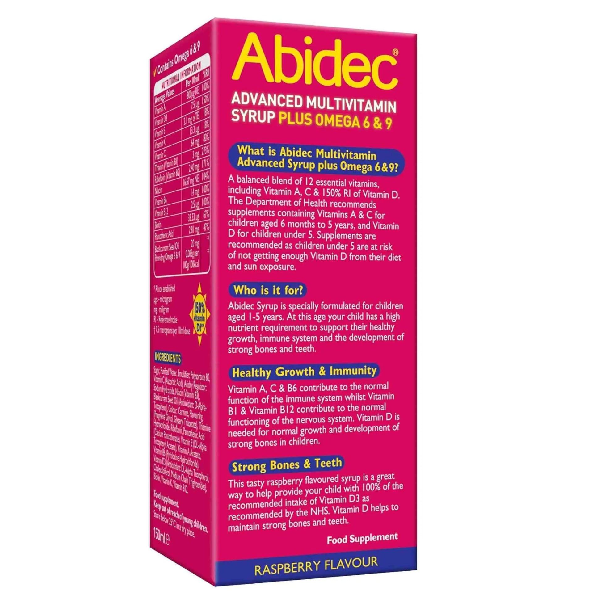 Abidec Advanced Multivitamin Syrup Plus Omega 6 & 9 Raspberry Flavour - 150ml ARC Health Nutrition