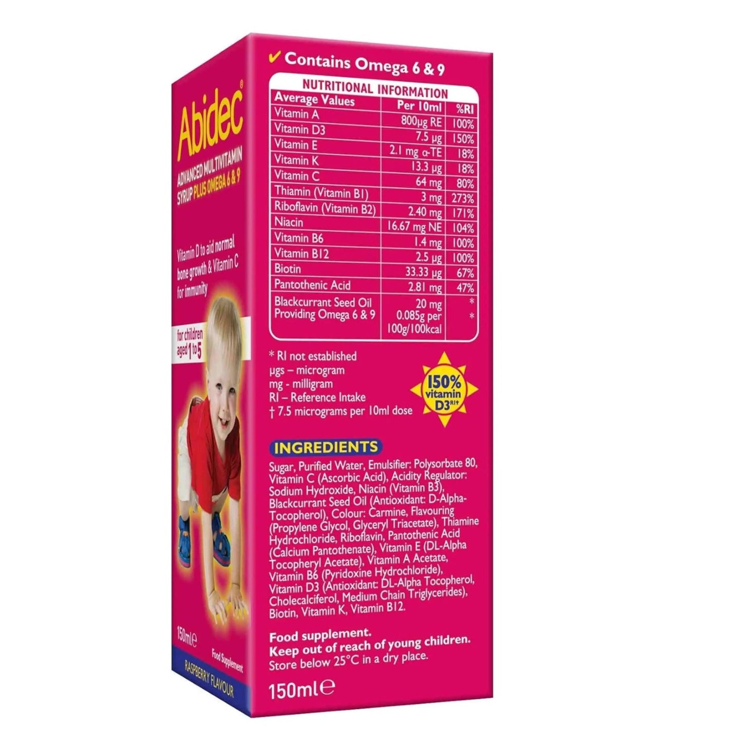 Abidec Advanced Multivitamin Syrup Plus Omega 6 & 9 Raspberry Flavour - 150ml ARC Health Nutrition