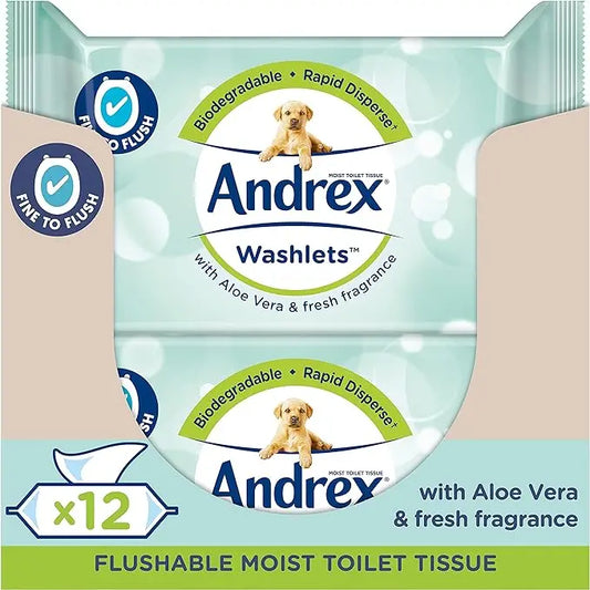 Andrex Washlets Toilet Wipes Flushable, Aloe Vera Frangrance, 12 Pack Andrex