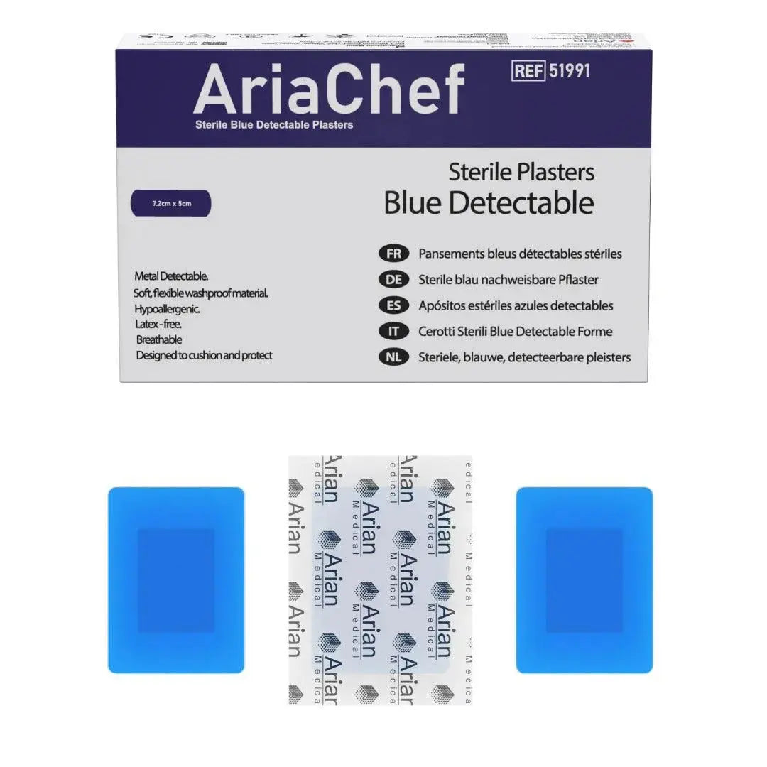 AriaChef Blue Metal Detectable Chef Blue Plasters- 7.2cm x 1.9cm Pack of 100's Arian medical ltd