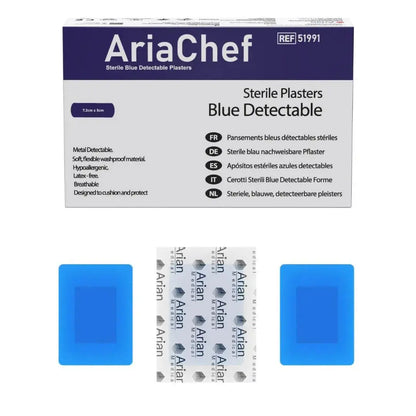AriaChef Blue Metal Detectable Chef Blue Plasters- 7.2cm x 1.9cm Pack of 100's Arian medical ltd