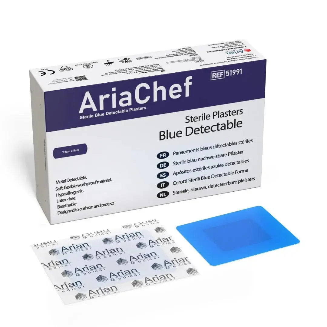 AriaChef Blue Metal Detectable Chef Blue Plasters- 7.2cm x 1.9cm Pack of 100's Arian medical ltd
