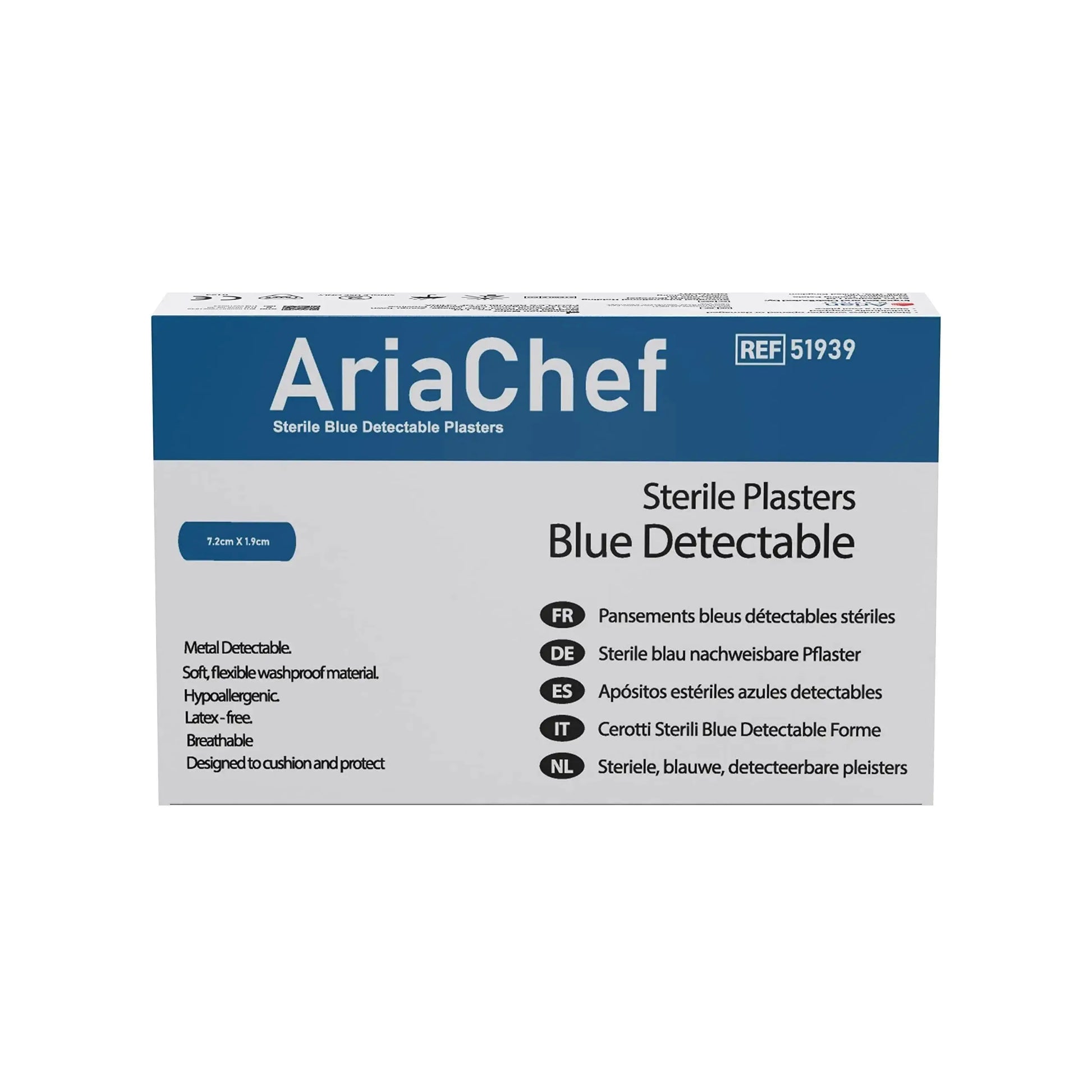 AriaChef Blue Metal Detectable Chef Blue Plasters- 7.2cm x 1.9cm Pack of 100's Arian medical ltd