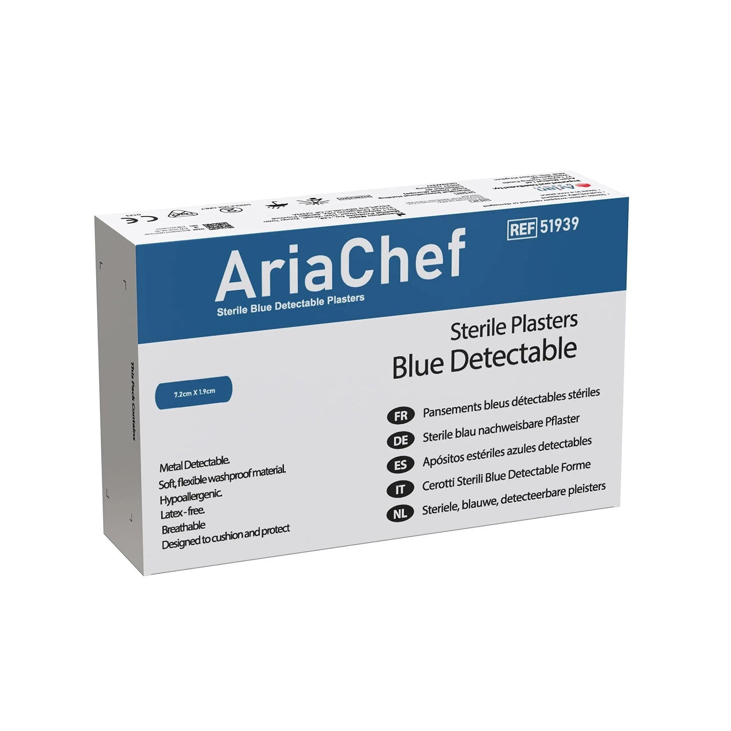 AriaChef Sterile Blue Wash Proof Plasters- 7.2cm x 1.9cm Pack of 100's