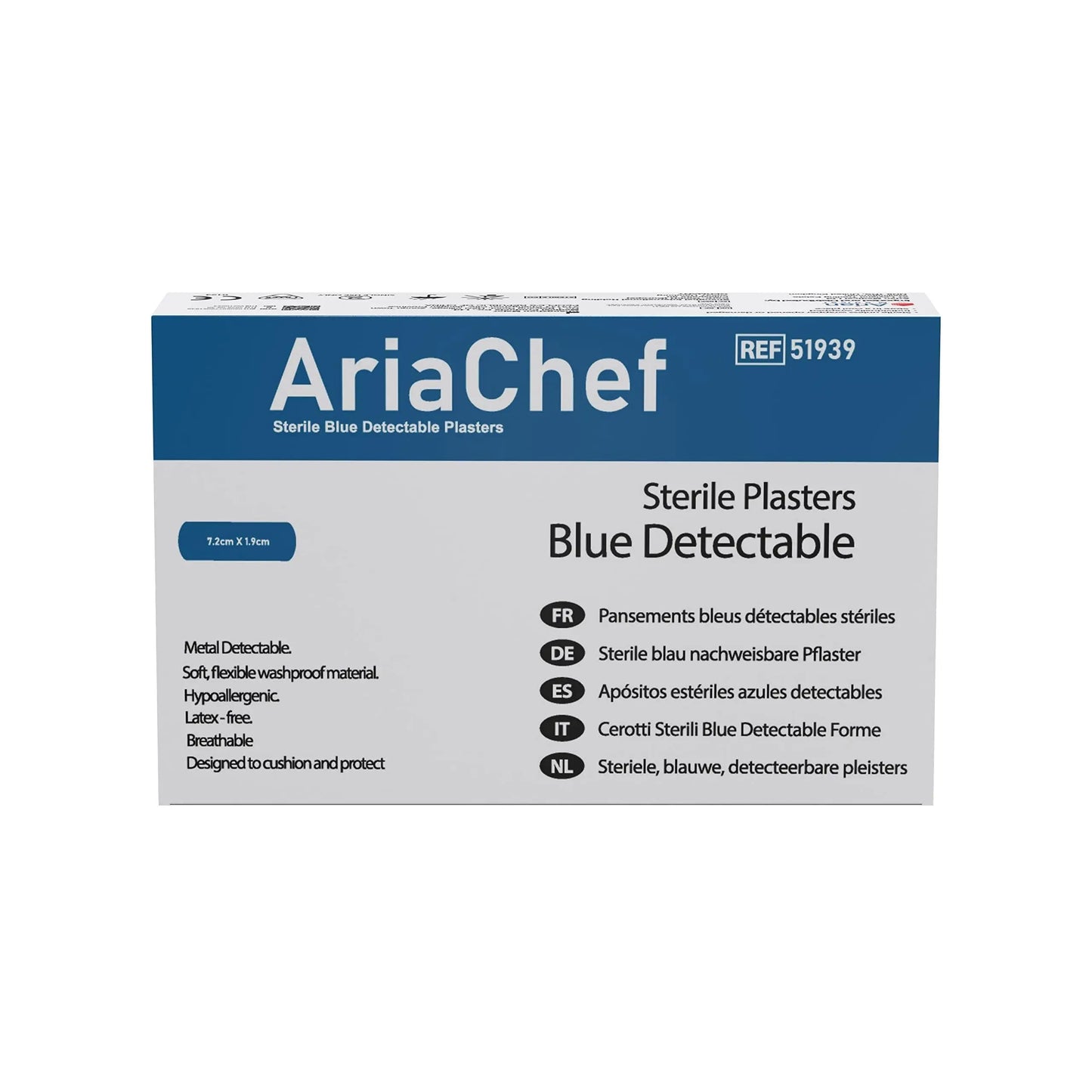 AriaChef Sterile Blue Wash Proof Plasters- 7.2cm x 1.9cm Pack of 100's