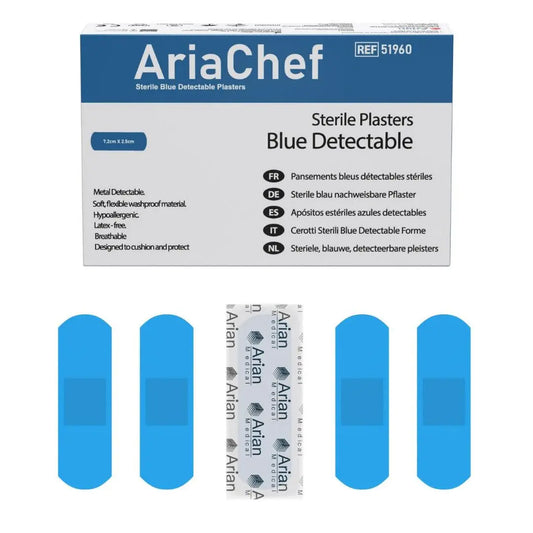 AriaChef Blue Metal Detectable Chef Blue Plasters- 7.2cm x 2.5cm Pack of 100's