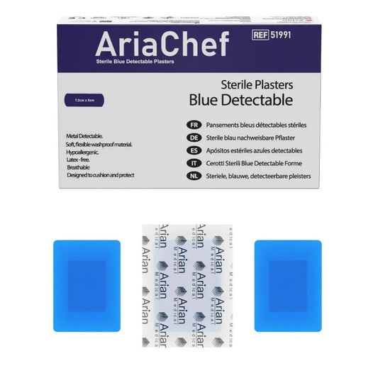 AriaChef Sterile Blue Wash Proof Plasters- 7.2cm x 5cm Pack of 50's