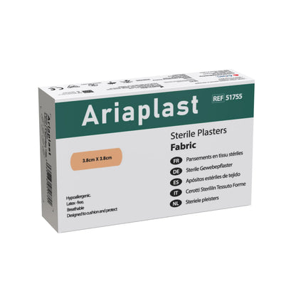 AriaPlast Sterile Fabric Wound Care First Aid Plasters- 3.8cm x 3.8cm Pack of 100's