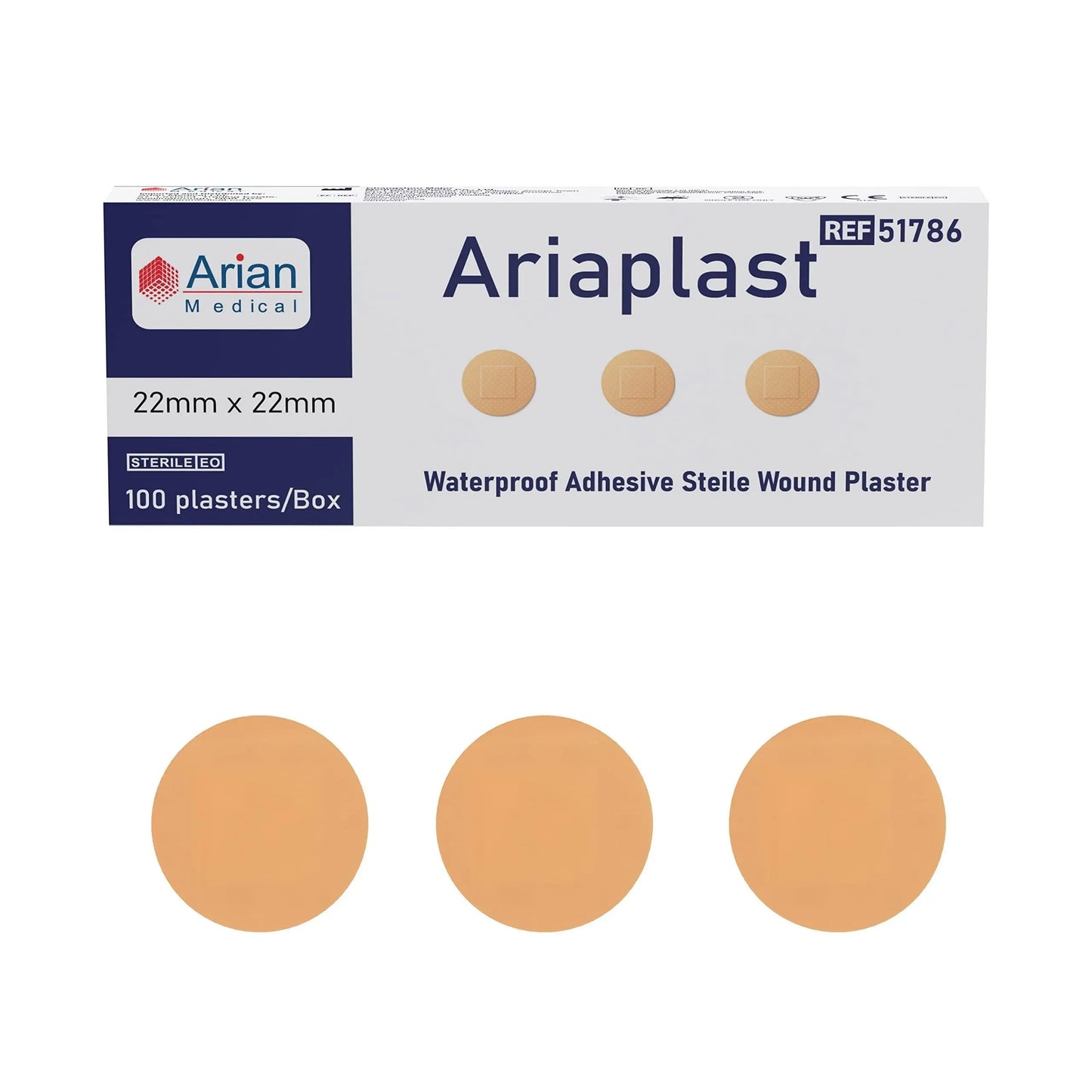 AriaPlast Sterile SPOT First Aid Wound Plasters- 22mm x 22mm Pack of 100's