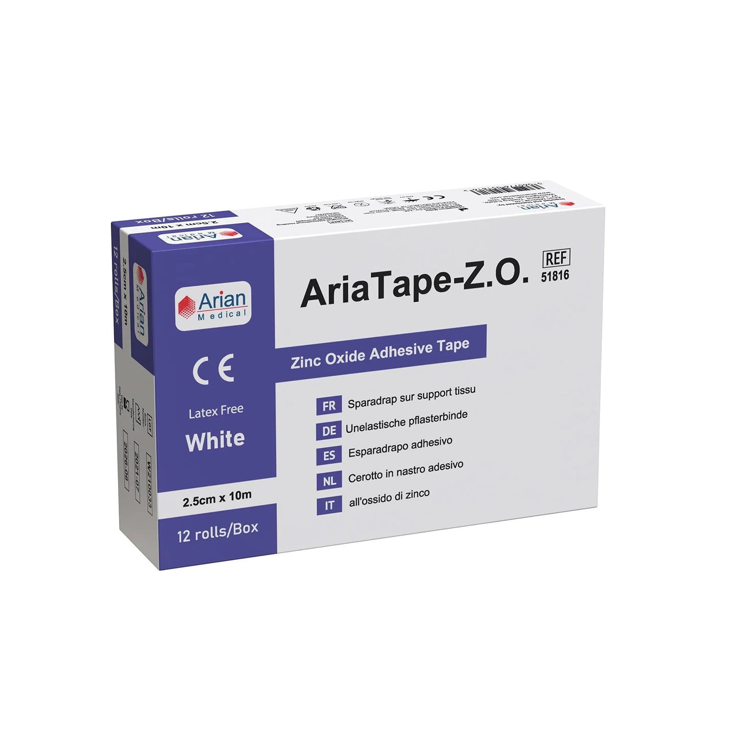 AriaTape Zinc Oxide Adhesive Tape- 2.5cm X 10m Tape - 6 Rolls