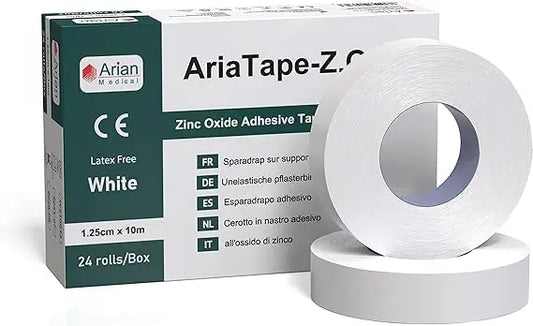 AriaTape Zinc Oxide Adhesive Tape 4 Rolls - 1.25cm X 10m High Strength Athletic Tape, Blister Prevention Tape | Sports Strapping Tape & Shoulder Tape for Rugby, Gym, Weightlifting White Arian medical