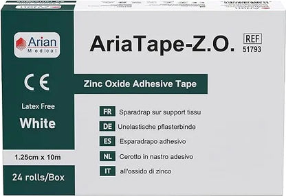 AriaTape Zinc Oxide Adhesive Tape 4 Rolls - 1.25cm X 10m High Strength Athletic Tape, Blister Prevention Tape | Sports Strapping Tape & Shoulder Tape for Rugby, Gym, Weightlifting White Arian medical