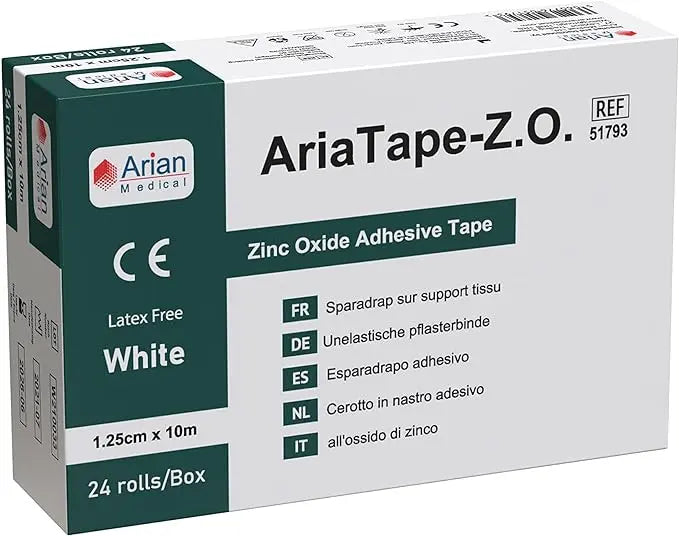 AriaTape Zinc Oxide Self Adhesive Tearable Tape- 1.25cm X 10m Injury Sport Strapping Tape 1 Roll Arian medical