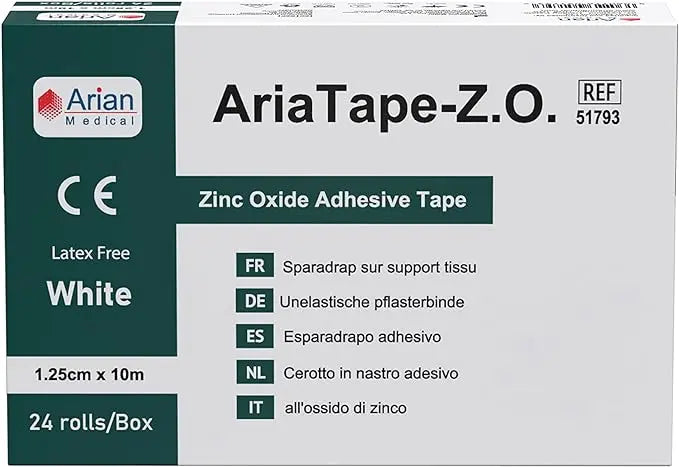 AriaTape Zinc Oxide Self Adhesive Tearable Tape- 1.25cm X 10m Injury Sport Strapping Tape 1 Roll Arian medical