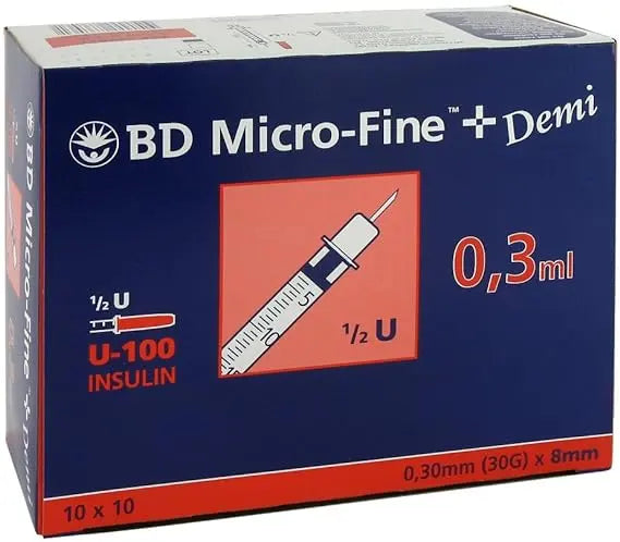 BD Micro-Fine TM+ U 100 Insulin Shots 0.3 x 8 mm Demi (Pack of 100)