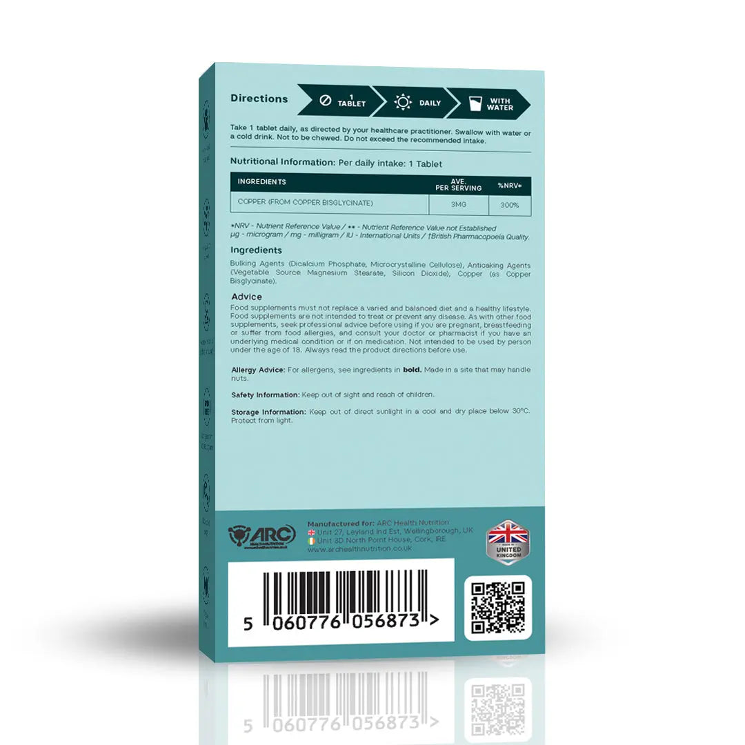 Chelated Copper 3mg Chelated Supplement Vegan Tablets ARC Health Nutrition