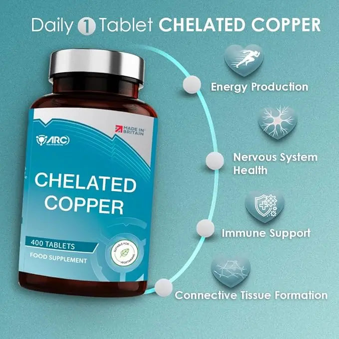 Chelated Copper Supplement 400 Tablets for Men & Women - Vegan, Made in UK ARC Health Nutrition