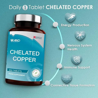 Chelated Copper Supplement 400 Tablets for Men & Women - Vegan, Made in UK ARC Health Nutrition