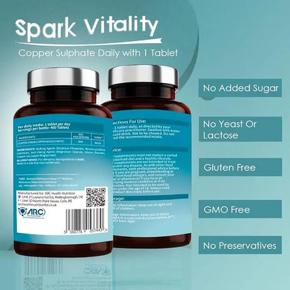 Chelated Copper Supplement 400 Tablets for Men & Women - Vegan, Made in UK ARC Health Nutrition