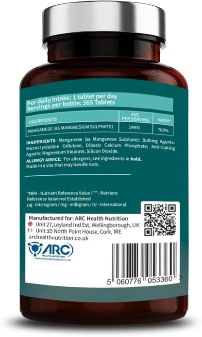 Chelated Manganese 14mg Supplement 400 Vegan Tablets ARC Health Nutrition