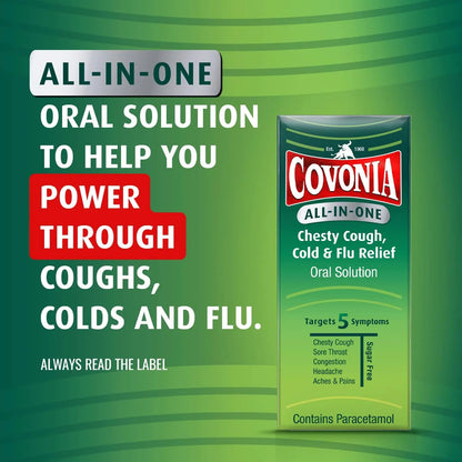 Covonia All-in-One Chesty Cough, Cold and Flu Relief Oral Solution - 160ml Covonia