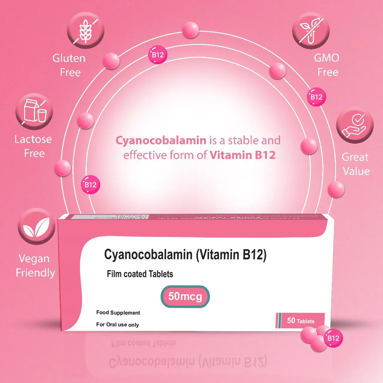 Cyanocobalamin Vitamin B12 50mcg 50 Tablets Arc Healt Nutrition Ltd