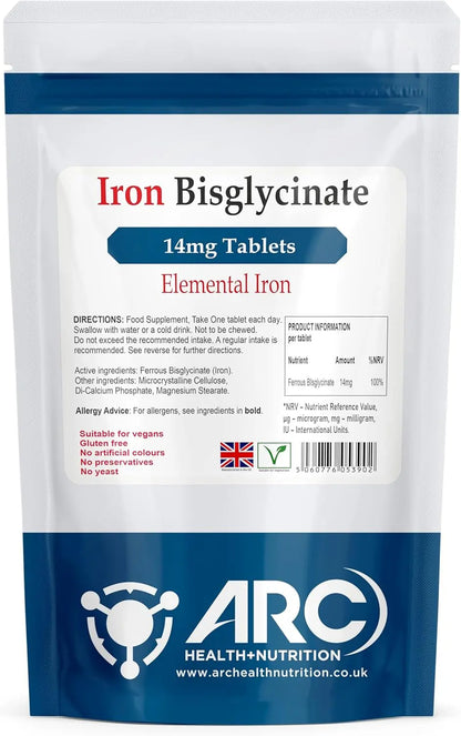 Elemental Iron Bisglycinate 14mg Supplement Vegan Tablets Arc Health Nutrition