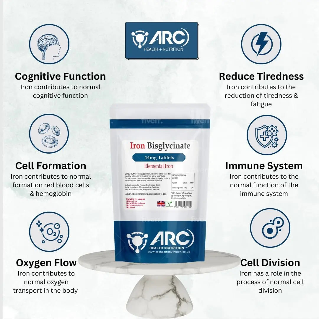 Elemental Iron Bisglycinate 14mg Supplement Vegan Tablets Arc Health Nutrition