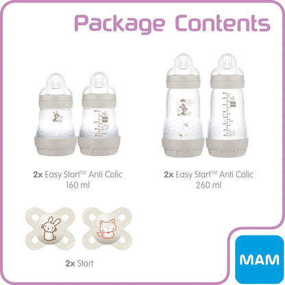 Feed & Soothe Set,Anti-Colic Newborn Bottle Set Complete with Baby Soothers, Ivory MAM