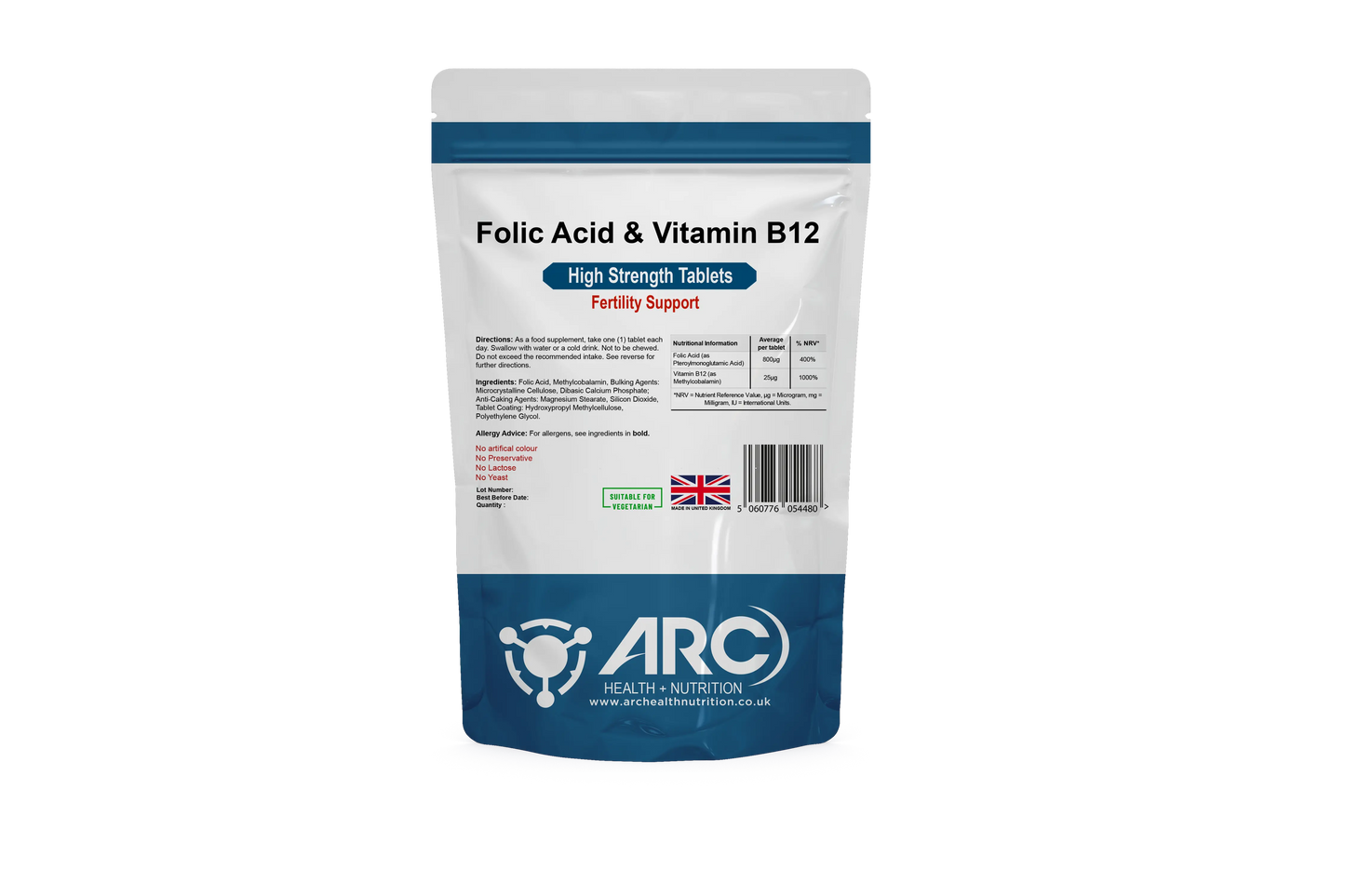 Folic Acid & Vitamin B12 Supplement Tablets ARC Health Nutrition