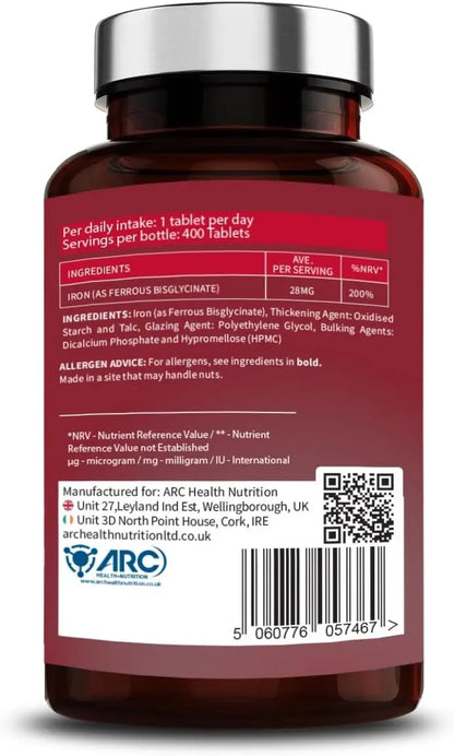Gentle Iron Bisglycinate 28mg 400 Tablets ARC Health Nutrition