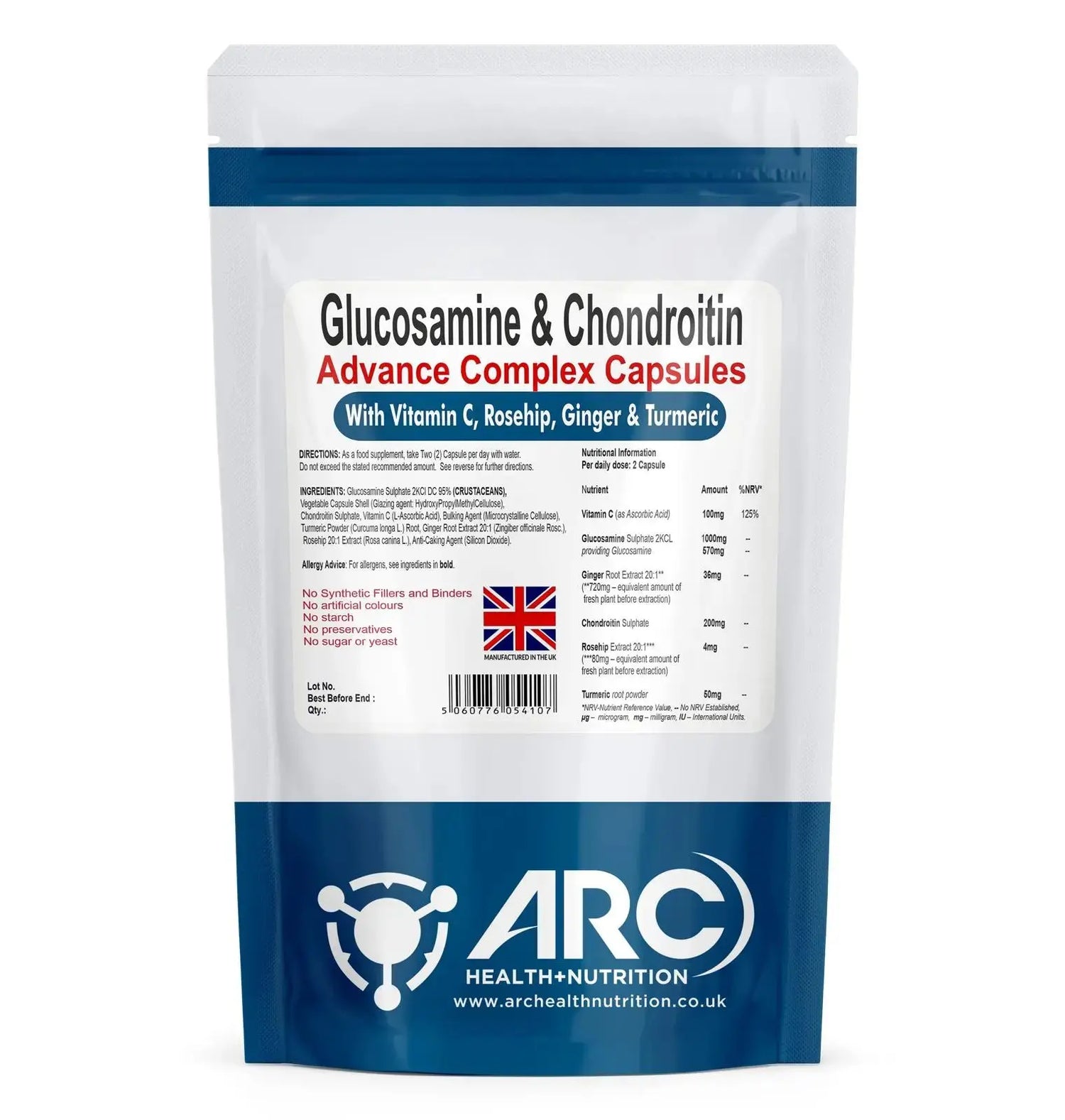 Glucosamine & Chondroitin Premium Complex - 120 High-Strength Capsules with Vitamin C, Turmeric, Ginger, and Rosehip - Made in The UK, for Maintenance of Immune System â€“ Arc Health Nutrition ARC Health Nutrition