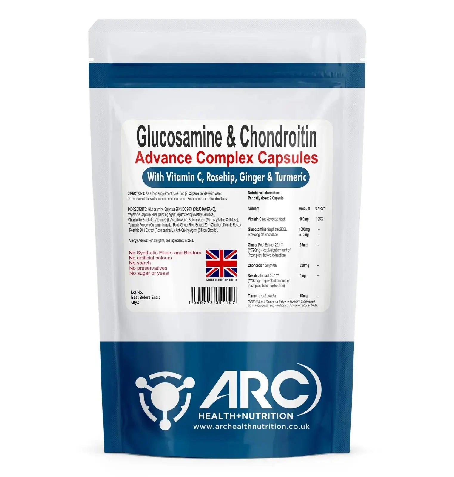 Glucosamine & Chondroitin Premium Complex - 120 High-Strength Capsules with Vitamin C, Turmeric, Ginger, and Rosehip - Made in The UK, for Maintenance of Immune System â€“ Arc Health Nutrition ARC Health Nutrition