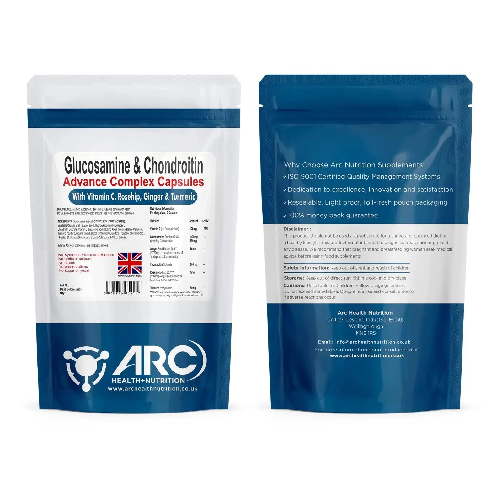 Glucosamine & Chondroitin Premium Complex - 120 High-Strength Capsules with Vitamin C, Turmeric, Ginger, and Rosehip - Made in The UK, for Maintenance of Immune System â€“ Arc Health Nutrition ARC Health Nutrition