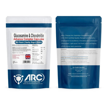 Glucosamine & Chondroitin Premium Complex - 120 High-Strength Capsules with Vitamin C, Turmeric, Ginger, and Rosehip - Made in The UK, for Maintenance of Immune System â€“ Arc Health Nutrition ARC Health Nutrition