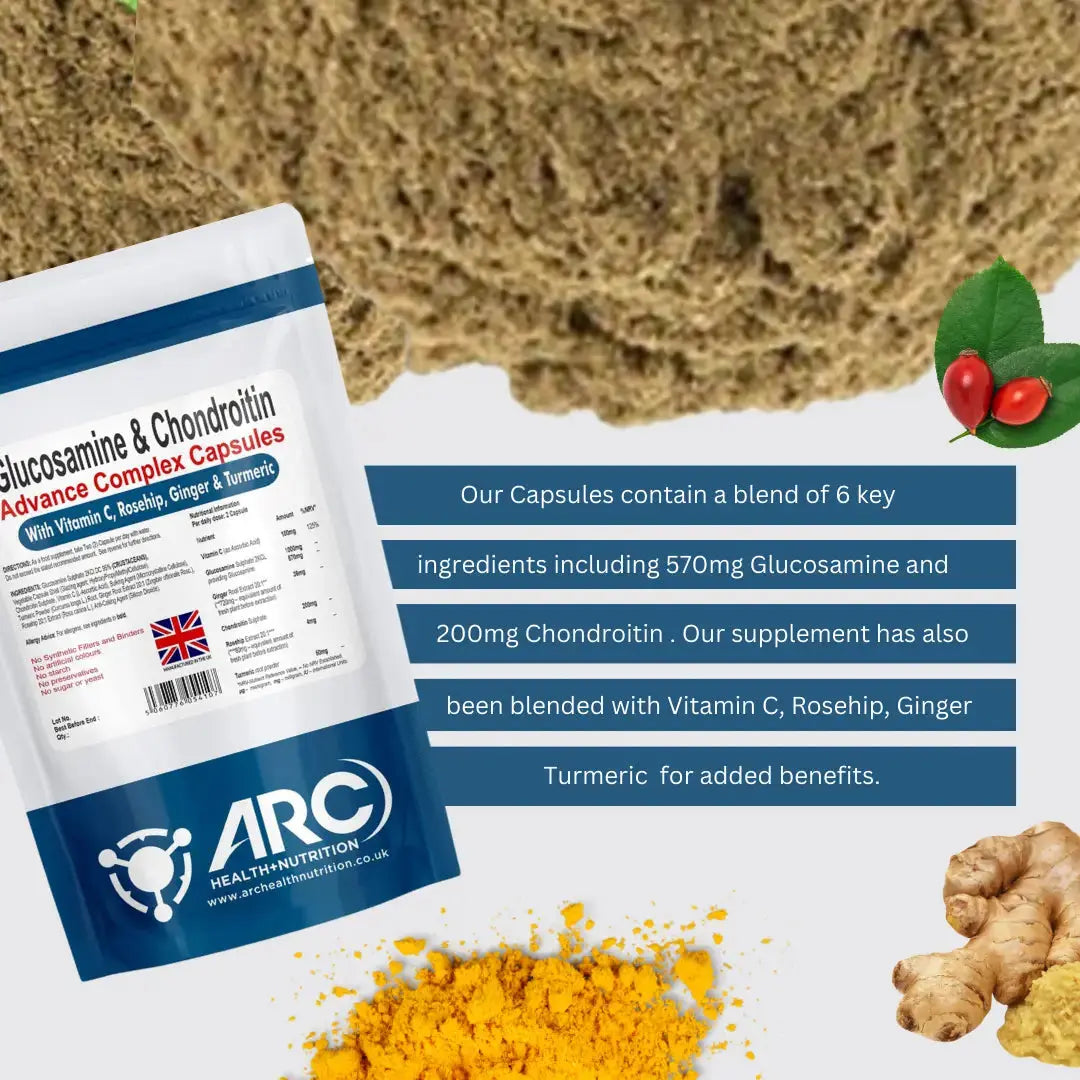 Glucosamine & Chondroitin Premium Complex - 120 High-Strength Capsules with Vitamin C, Turmeric, Ginger, and Rosehip - Made in The UK, for Maintenance of Immune System â€“ Arc Health Nutrition ARC Health Nutrition
