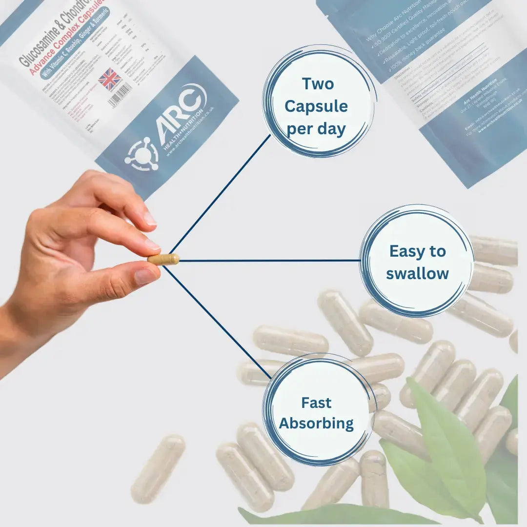 Glucosamine & Chondroitin Premium Complex - 120 High-Strength Capsules with Vitamin C, Turmeric, Ginger, and Rosehip - Made in The UK, for Maintenance of Immune System â€“ Arc Health Nutrition ARC Health Nutrition