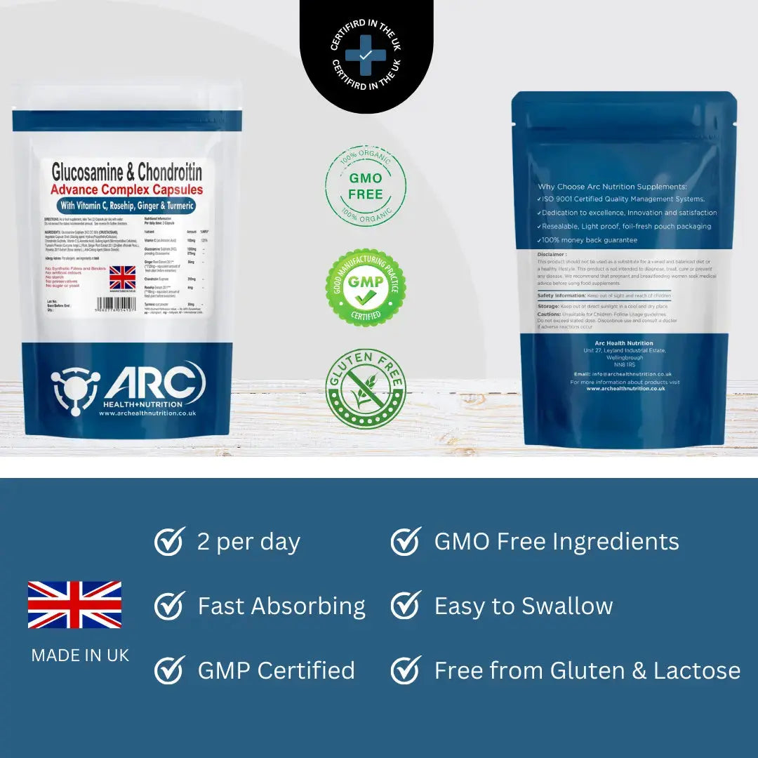 Glucosamine & Chondroitin Premium Complex - 120 High-Strength Capsules with Vitamin C, Turmeric, Ginger, and Rosehip - Made in The UK, for Maintenance of Immune System â€“ Arc Health Nutrition ARC Health Nutrition