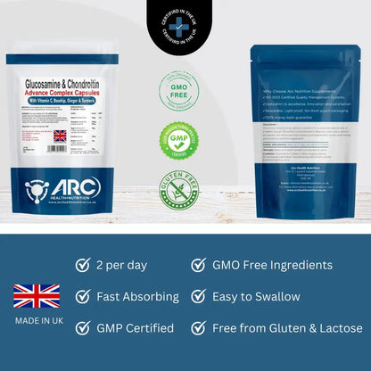 Glucosamine & Chondroitin Premium Complex - 120 High-Strength Capsules with Vitamin C, Turmeric, Ginger, and Rosehip - Made in The UK, for Maintenance of Immune System â€“ Arc Health Nutrition ARC Health Nutrition