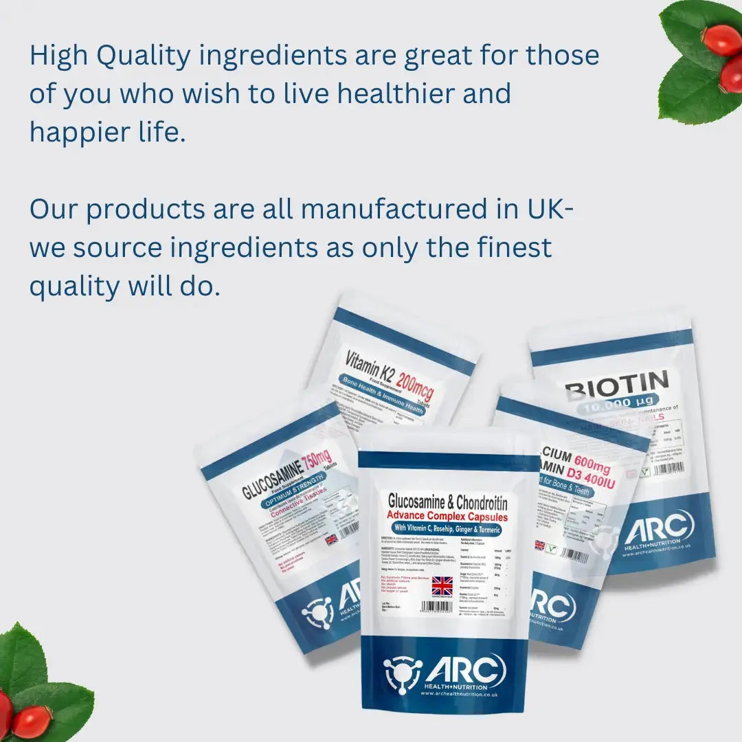 Glucosamine & Chondroitin Premium Complex - 120 High-Strength Capsules with Vitamin C, Turmeric, Ginger, and Rosehip - Made in The UK, for Maintenance of Immune System â€“ Arc Health Nutrition ARC Health Nutrition