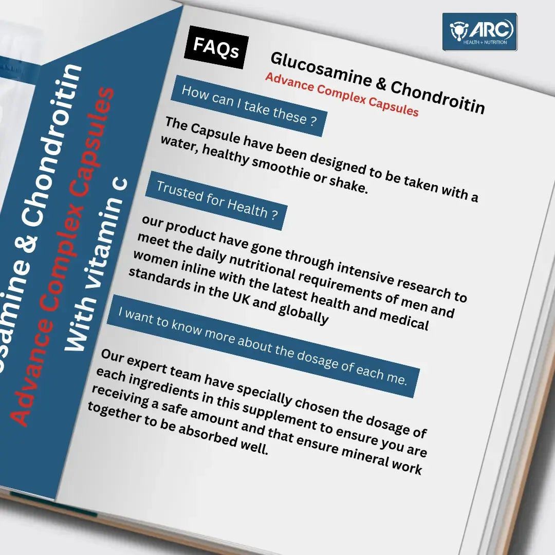 Glucosamine & Chondroitin Premium Complex - 120 High-Strength Capsules with Vitamin C, Turmeric, Ginger, and Rosehip - Made in The UK, for Maintenance of Immune System â€“ Arc Health Nutrition ARC Health Nutrition